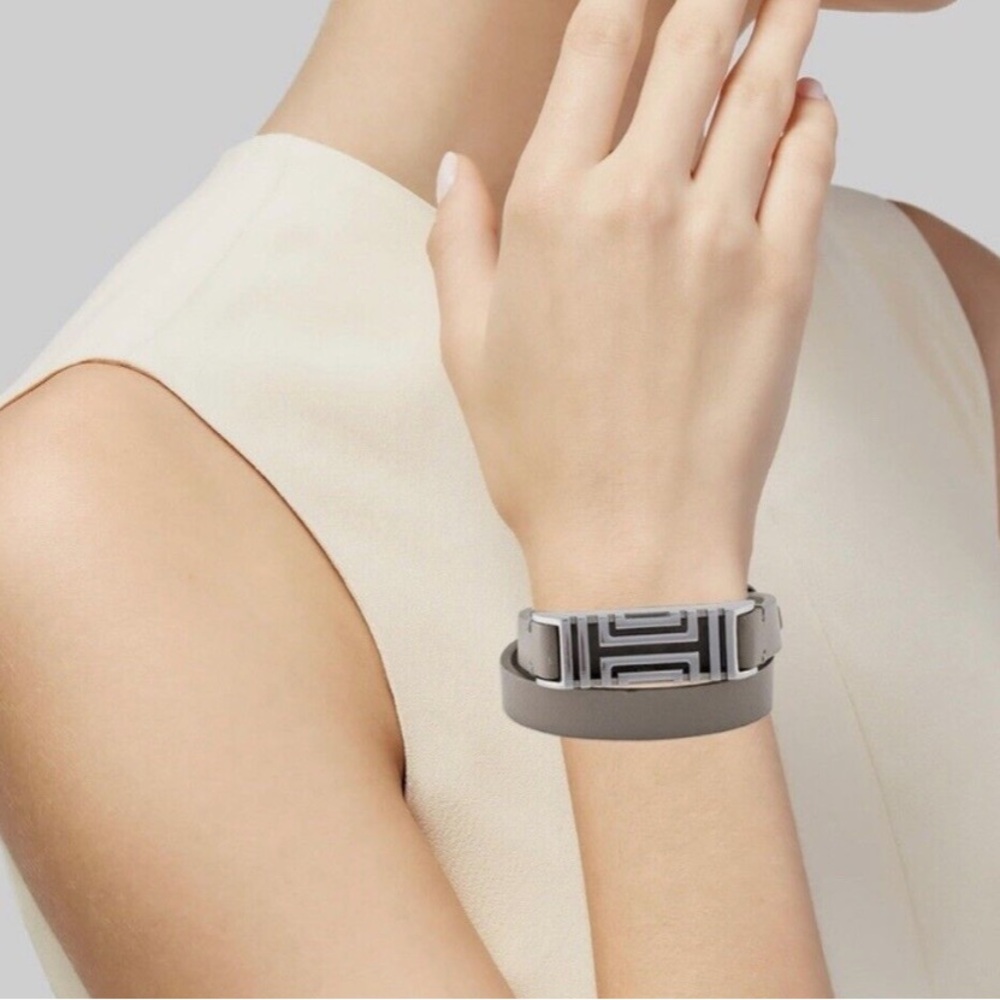 Tory Burch double leather Fitbit bracelet, soft beige leather with silver case